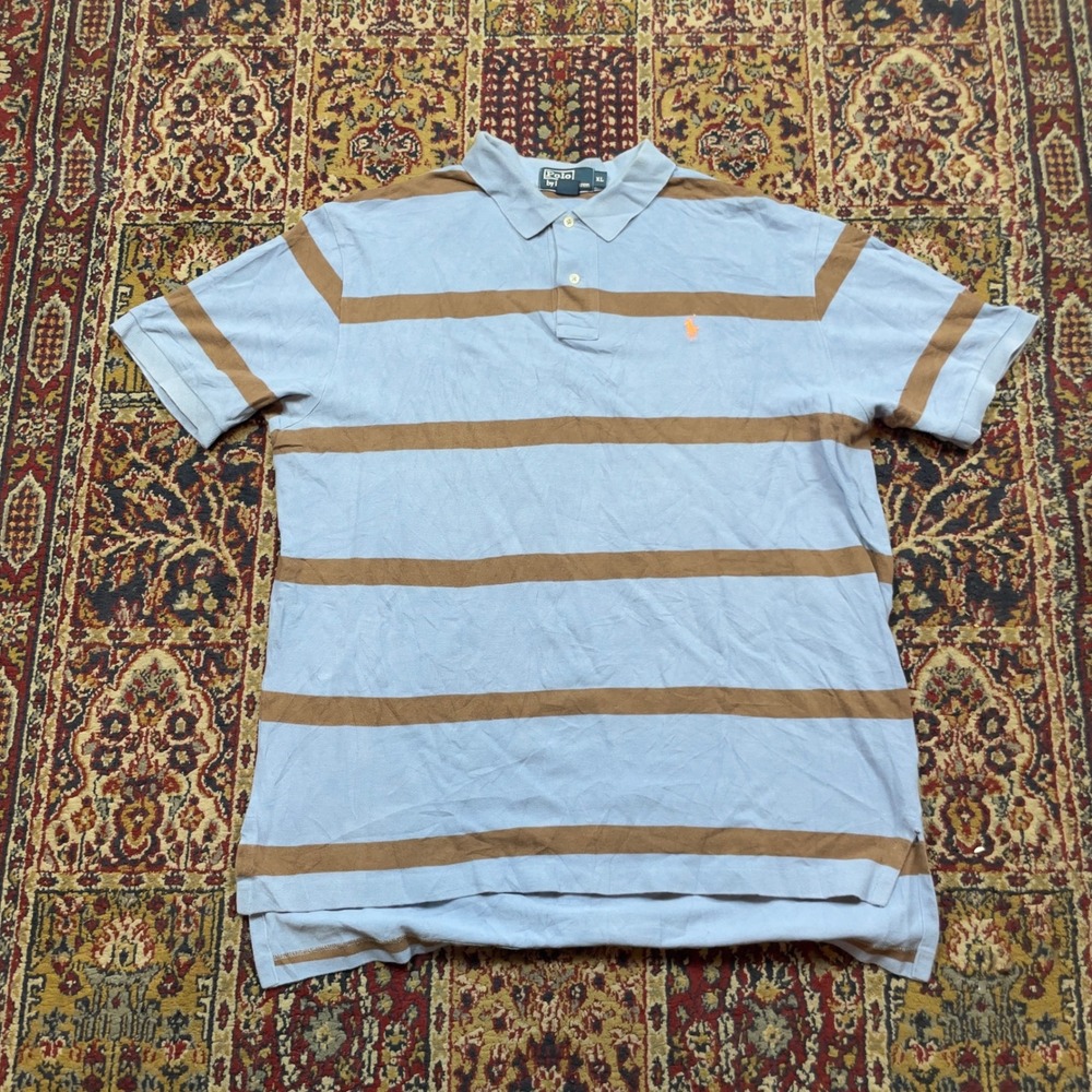 VTG 90s Polo Ralph Lauren XL Blue Brown Striped Short Sleeve Pique Polo Shirt